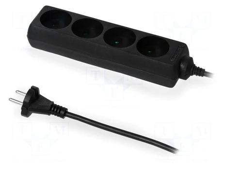 Extension lead | 2x1mm2 | Schuko | Sockets: 4 | PVC | black | 3m | 10A