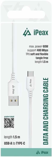 iPEAX TPU KABELIS USB-A / USB-C 1,5M, USB 2.0 BÍLÝ