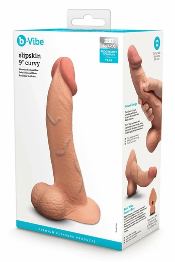b-Vibe SlipSkin 9" Curved Silicone Model Mocha - Anatomical, Harness Compatible