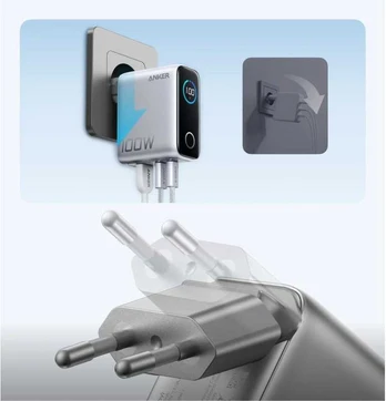Anker charger 100W, 2xUSB-C, 1xUSB sidabrinis