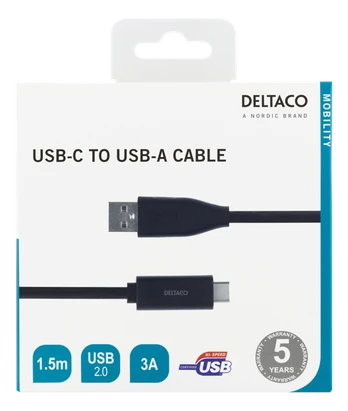 DELTACO USB 2.0 kabelis, Type C - Type A male, 1.5m, juodas / USBC-1005M