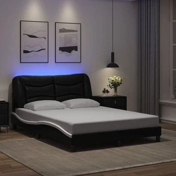 Lovos rėmas su LED, juodas ir baltas, 140x190cm, dirbtinė oda