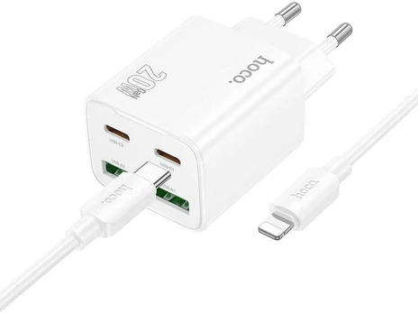 HOCO charger 2 x Type C + 2 x USB A + cable Type C to Lightning PD QC3.0 3A 20W N55 baltas
