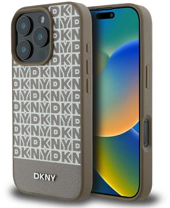 DKNY PU Leather Repeat Pattern Bottom Stripe MagSafe Case for iPhone 16 Pro Max Brown