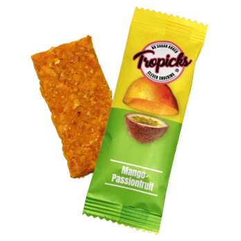 Džiovintų mangų, pasiflorų batonėlis TROPICKS, 20 g.