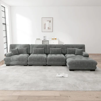 Modulinė L formos 4 vietų sofa su pufu, pilka