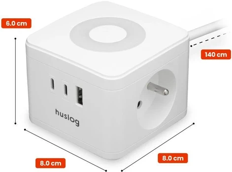 Huslog 12W Charging Station, 2 Outlets, 2 USB-C Ports, 1 USB Port, Baltas