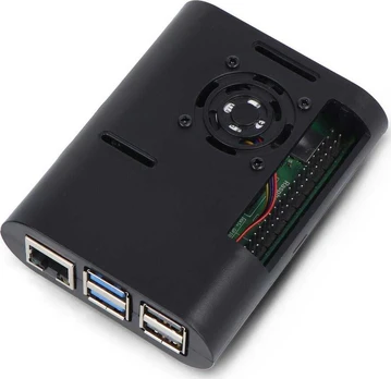 OEM dėklas Raspberry Pi 5 su ventiliatoriumi ir radiatoriais – ABS – juodas}