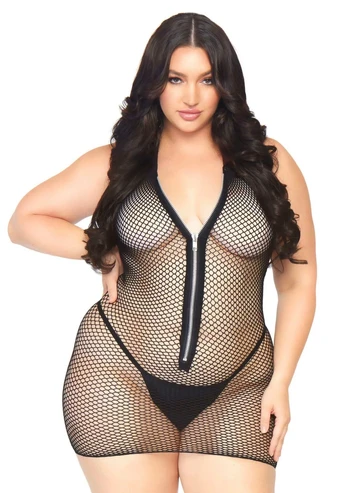 Plus Fishnet Zip Up Mini Dress - Black Mesh, Halter Neck, Size Plus